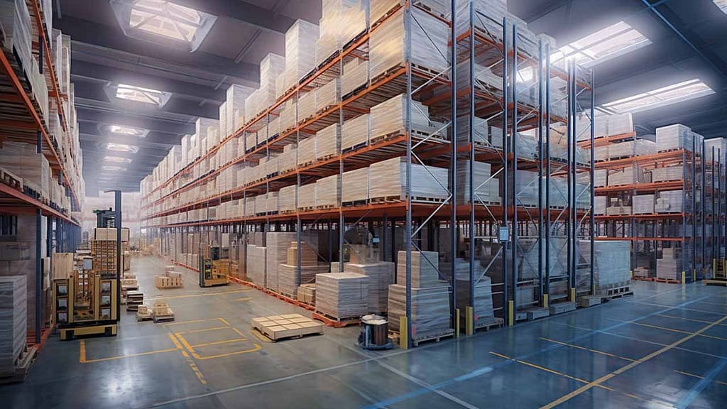 large clean warehouse with racks of storage and shiny floors Malaysia pallet market