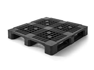 Plastic pallet 1200x1200mm, black color and made from recycled plastic, four entry flat surface and rackable